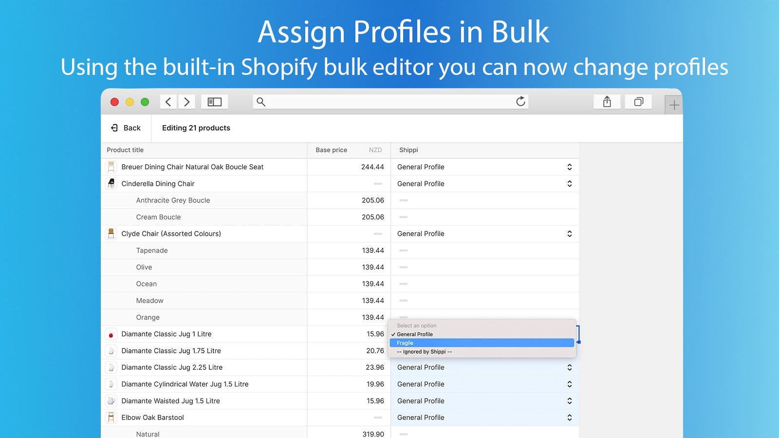 Change shipping profiles in bulk using the Shopify bulk editor