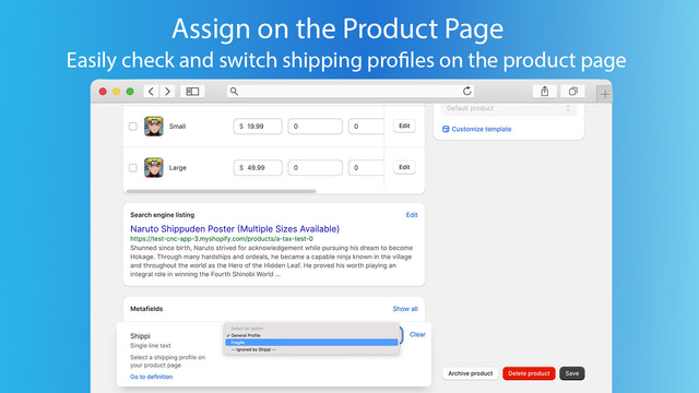 Skift forsendelsesprofiler på produktsiden i Shopify admin