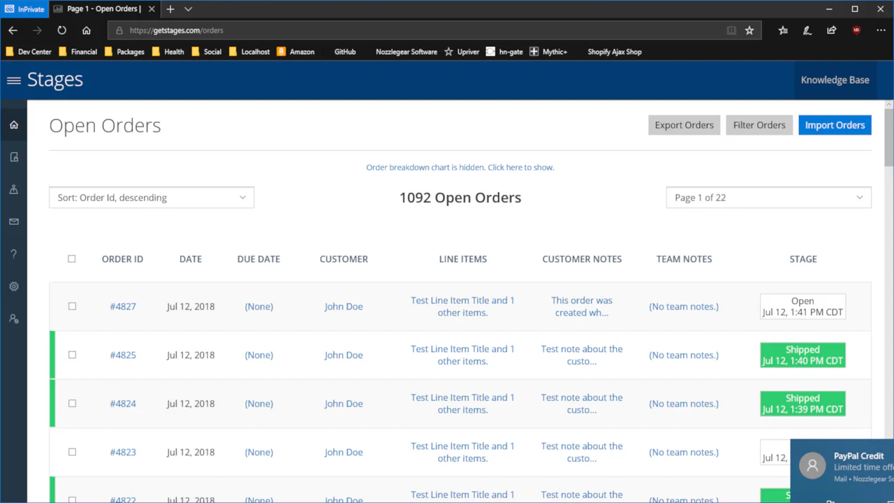 Suivez le statut de toutes les commandes sur le tableau de bord Stages.