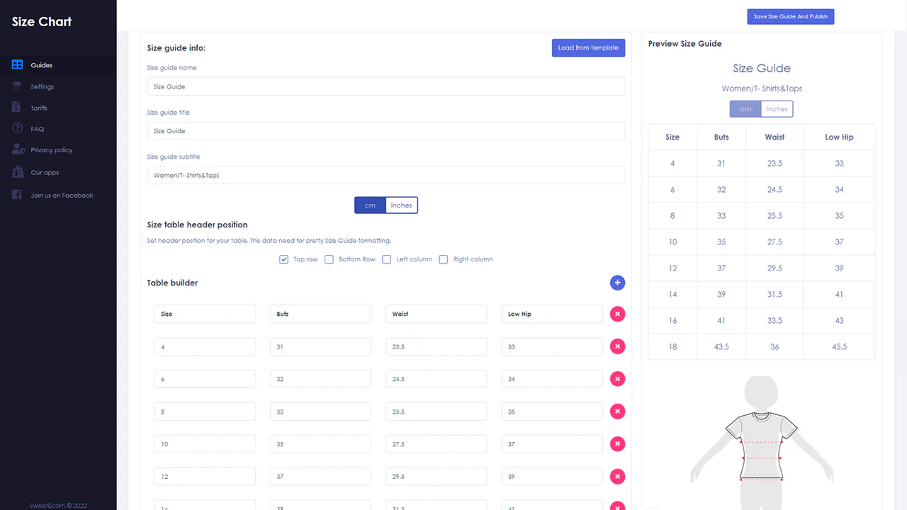 Guide des tailles, Guia de tallas, Size chart realtime preview