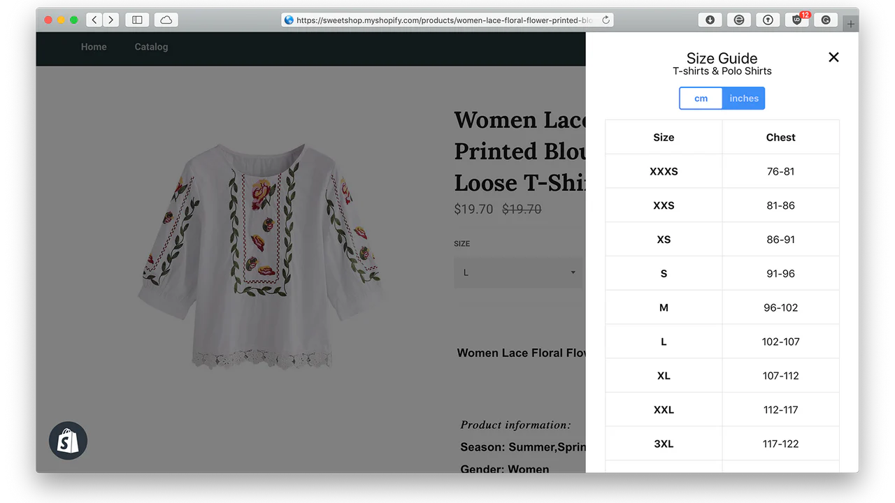 Widget de tableau de tailles pour les vêtements, la taille des produits compte