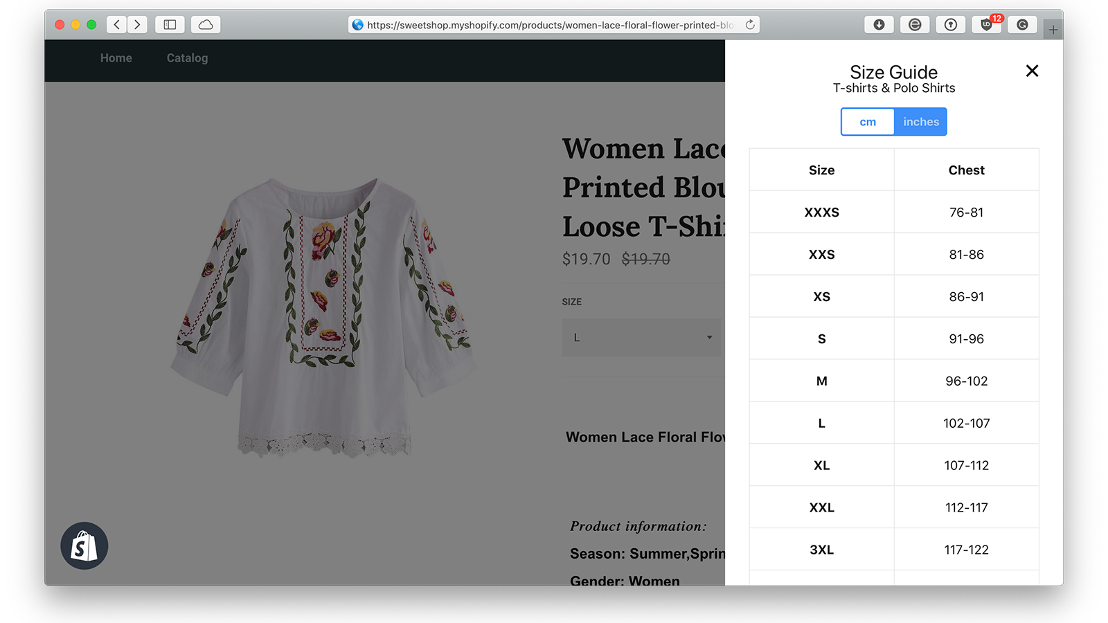 Sizing chart widget for clothing, product Size matters