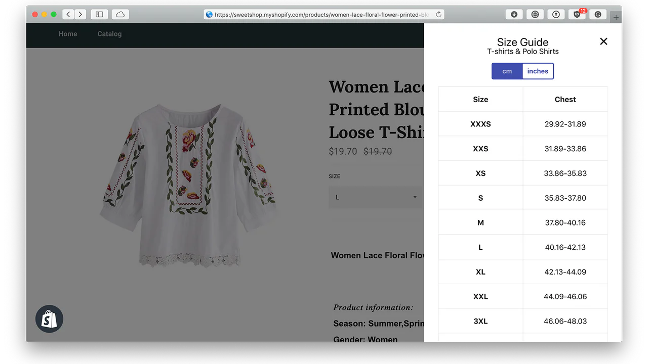 Widget de tableau de tailles pour les vêtements, Guide des tailles