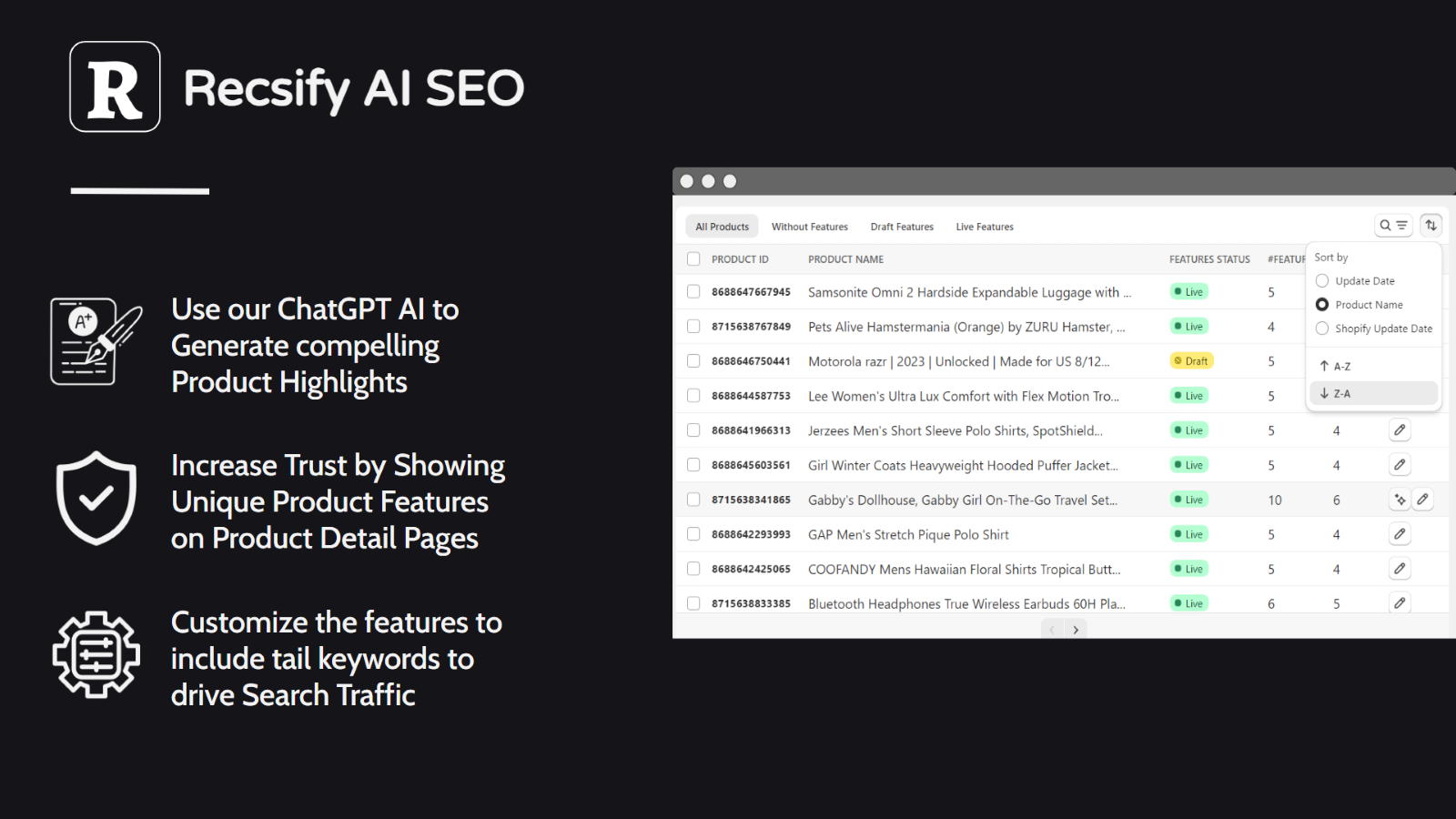 AI SEO: Top Product Features Screenshot