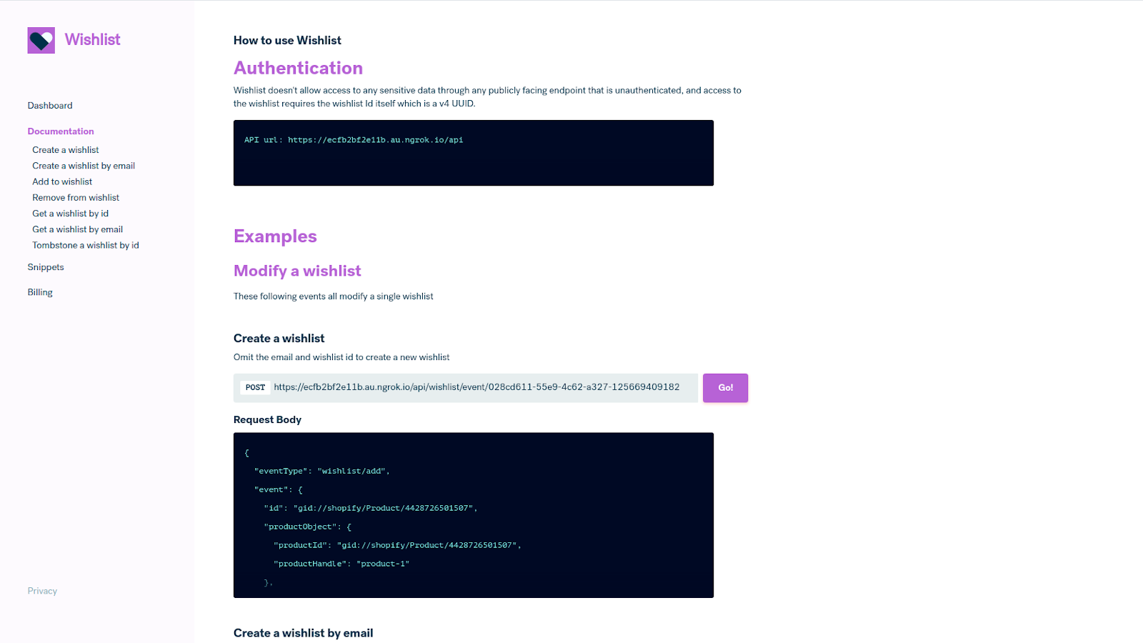 Dokumentation er et live eksempel på API'et