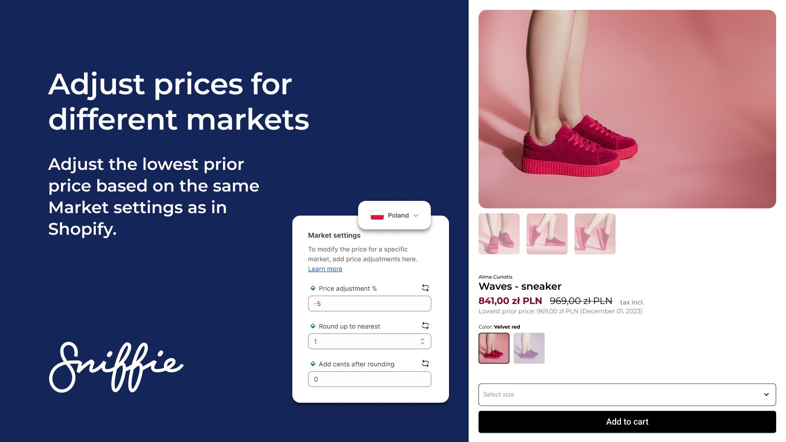 Adjust prices for different markets with Shopify markets widget.