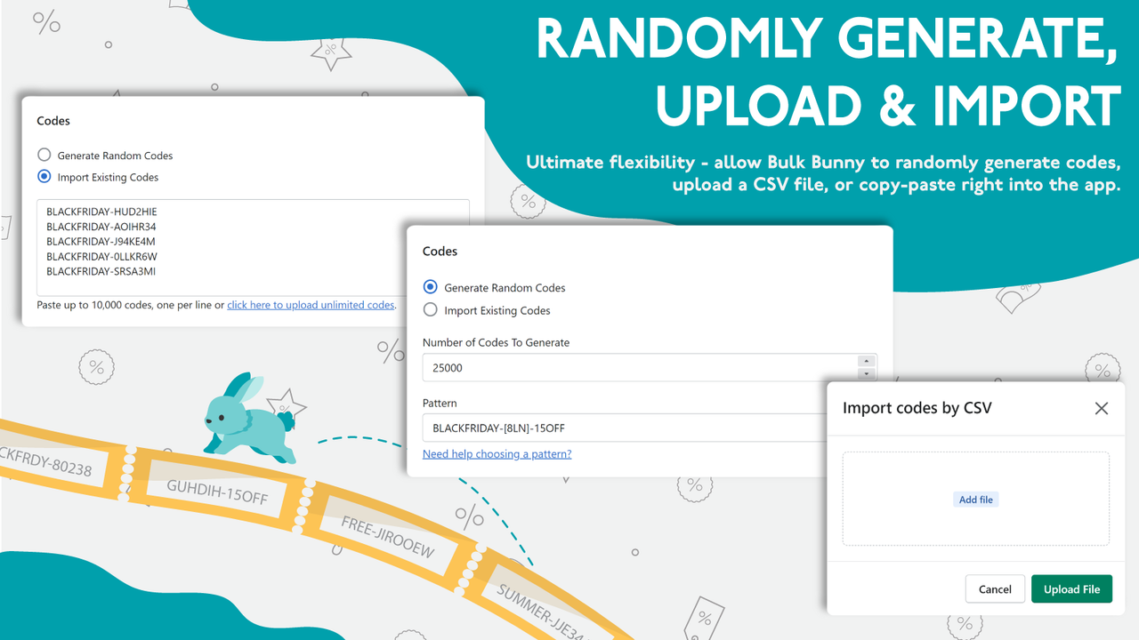 Slumpmässigt generera, ladda upp & importera - lägg till rabattkoder enkelt