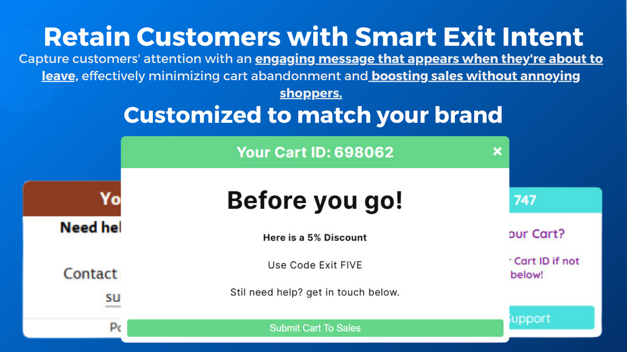 Popups d'Intention de Sortie pour un support en direct et aider les acheteurs à finaliser leur achat