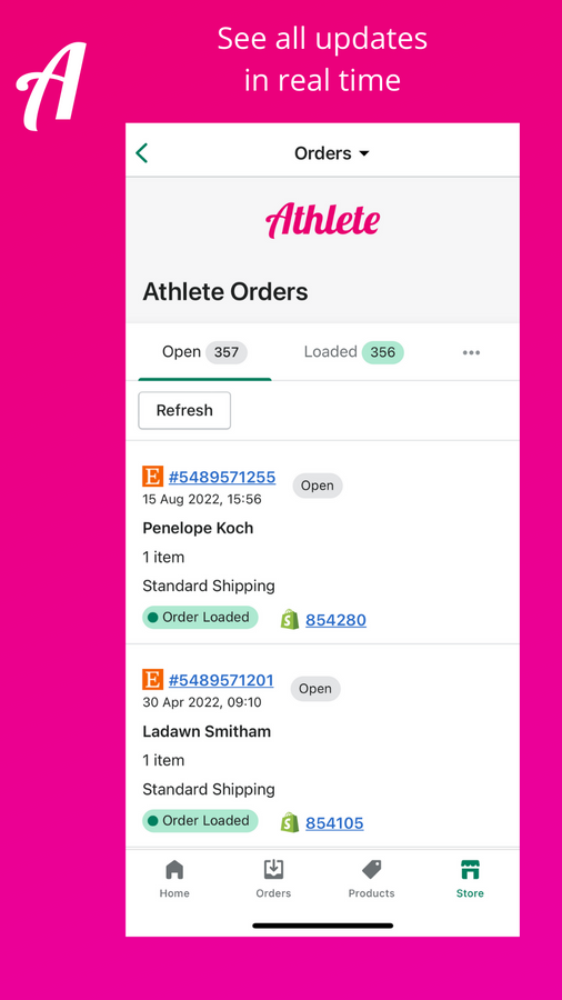 Athlete in Shopify app, orders list