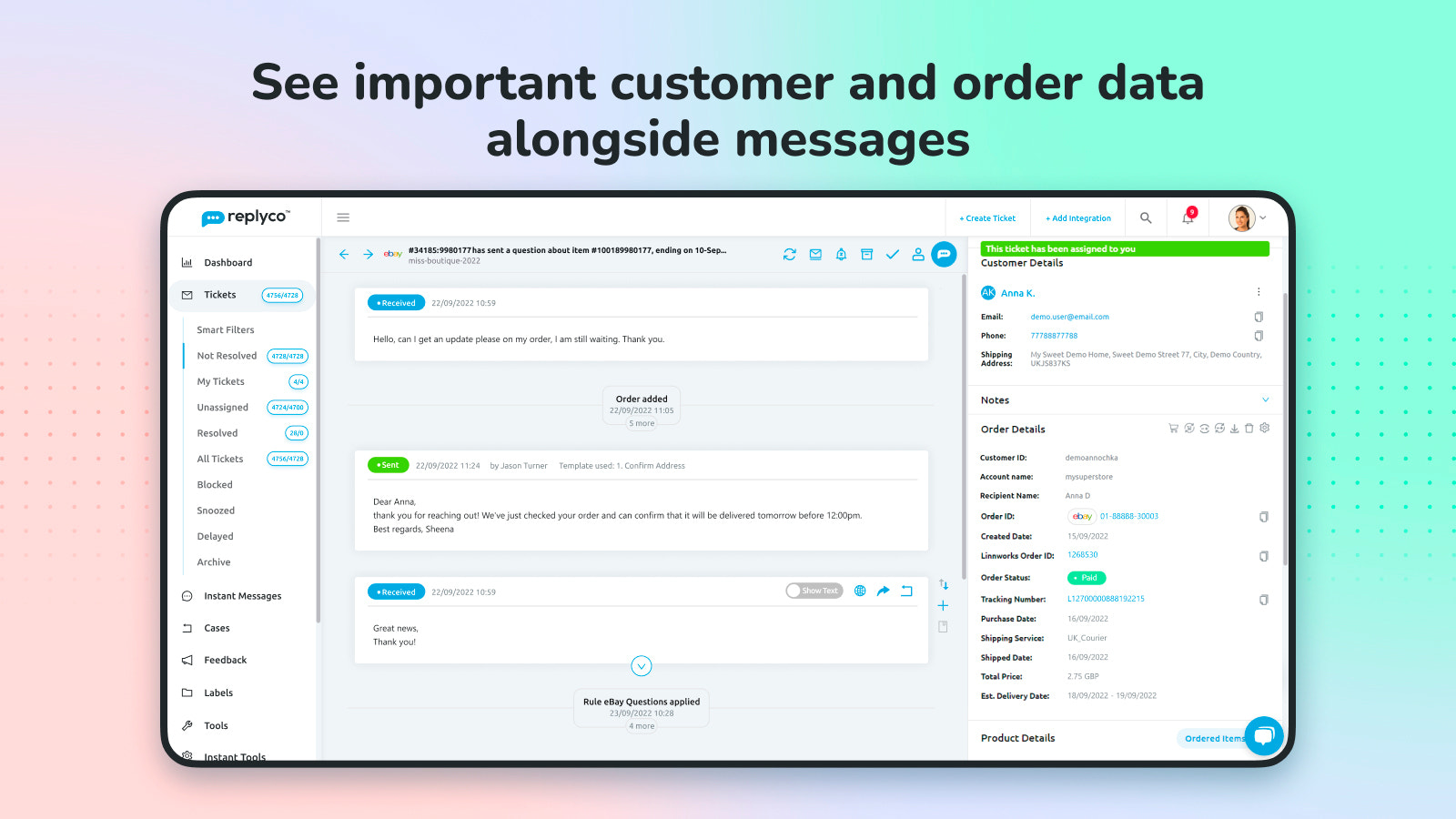 Replyco - Voir les données importantes du client et de la commande à côté des messages