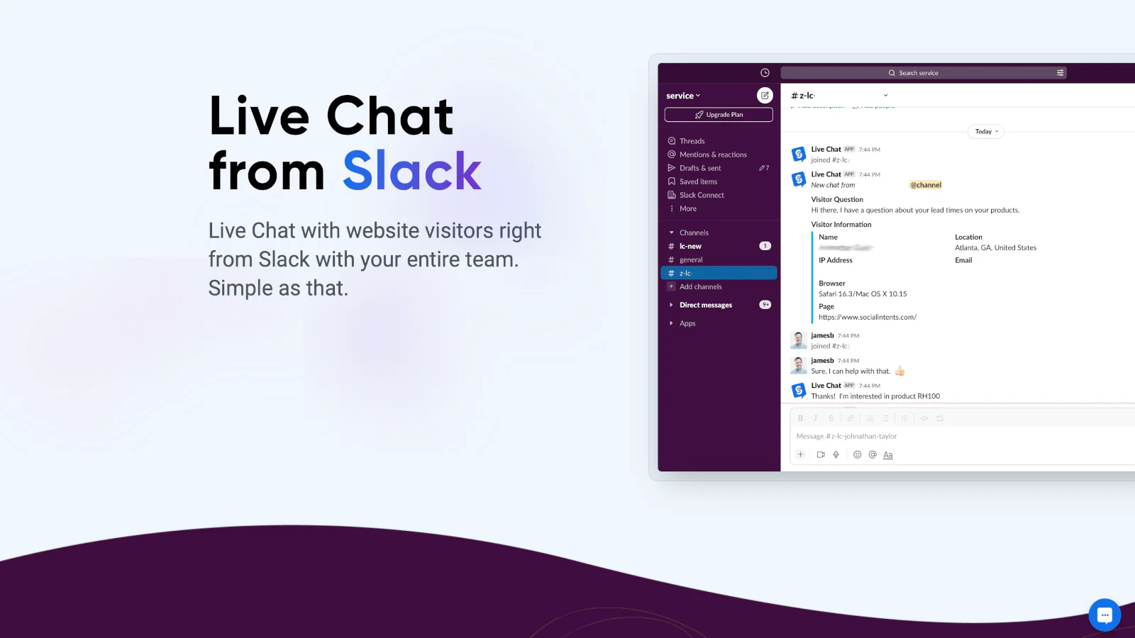 Live Chat com visitantes do Slack