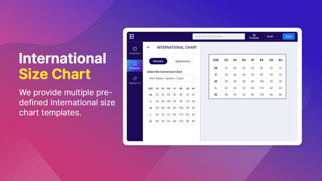 Proporcionamos múltiples plantillas de tabla de tallas internacionales