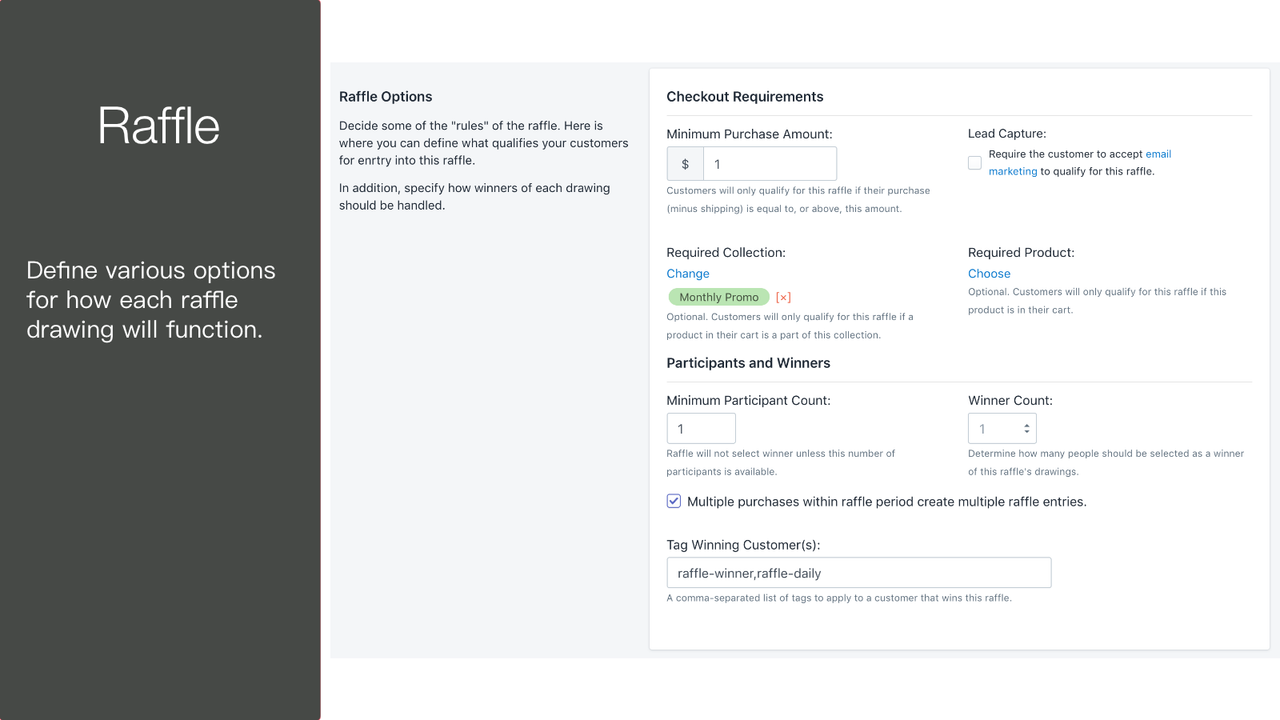 Configurez diverses options pour chaque tirage au sort.