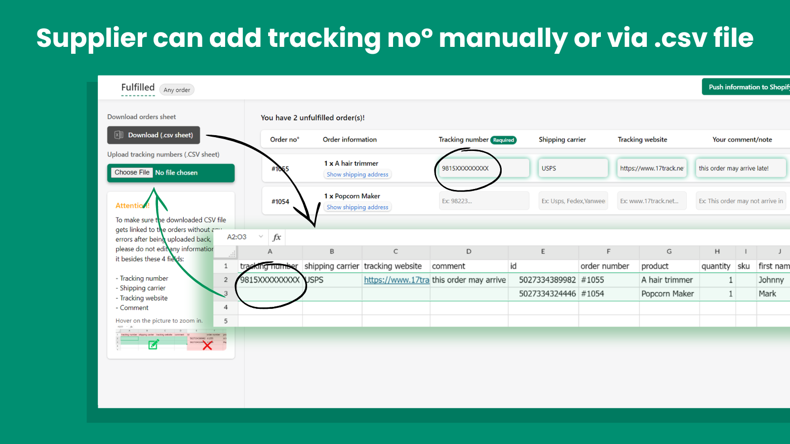 O fornecedor pode atualizar pedidos manualmente ou fazendo upload de um arquivo CSV.