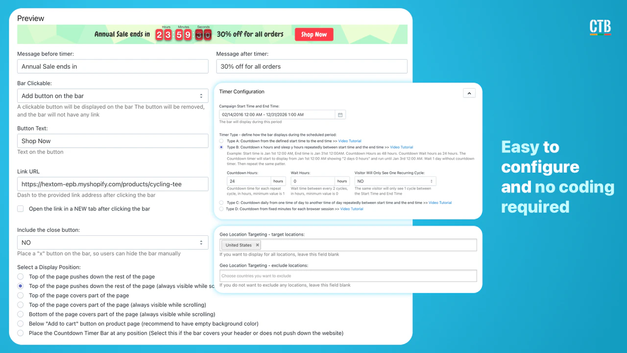 Shopify App, Countdown Timer Bar door Hextom, flitsverkopen, urgentie