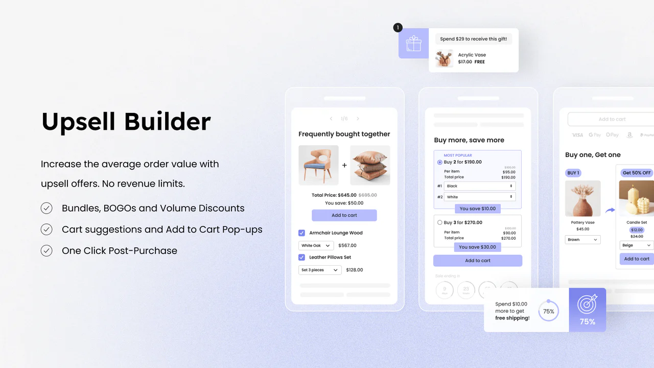 Upsell Builder - Paketerbjudanden, Volymrabatter, BOGO, Gåva