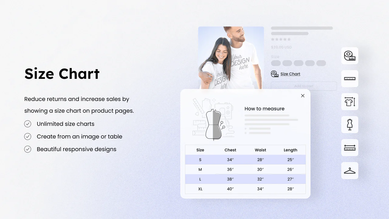 Size chart for Shopify stores