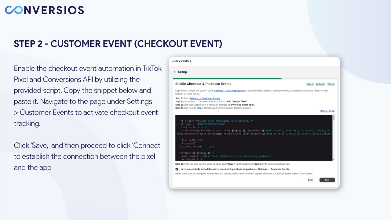 Conversios TikTok pixel en Events API aankoopevenement snippet