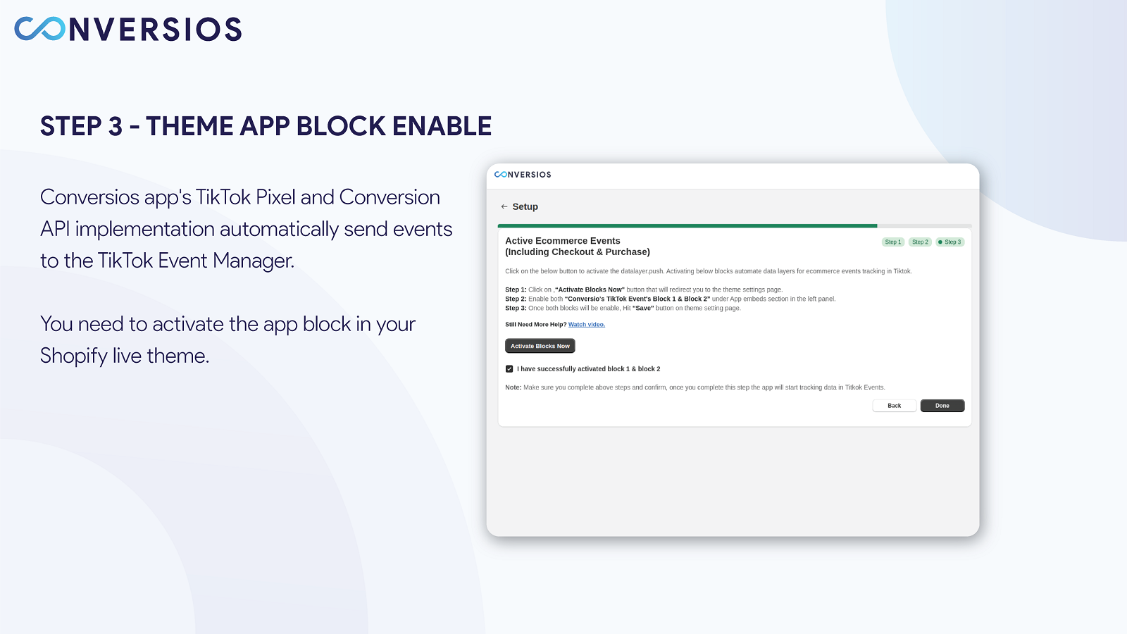 Conversios TikTok-pixel og Event Theme app-udvidelsesblok