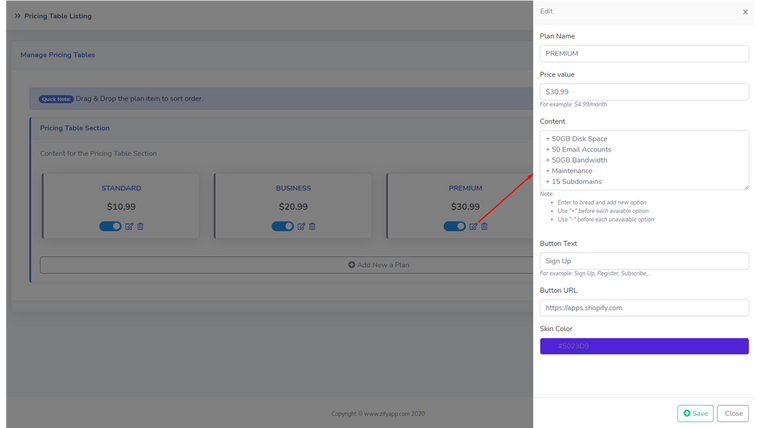 Zify Pricing Table Screenshot