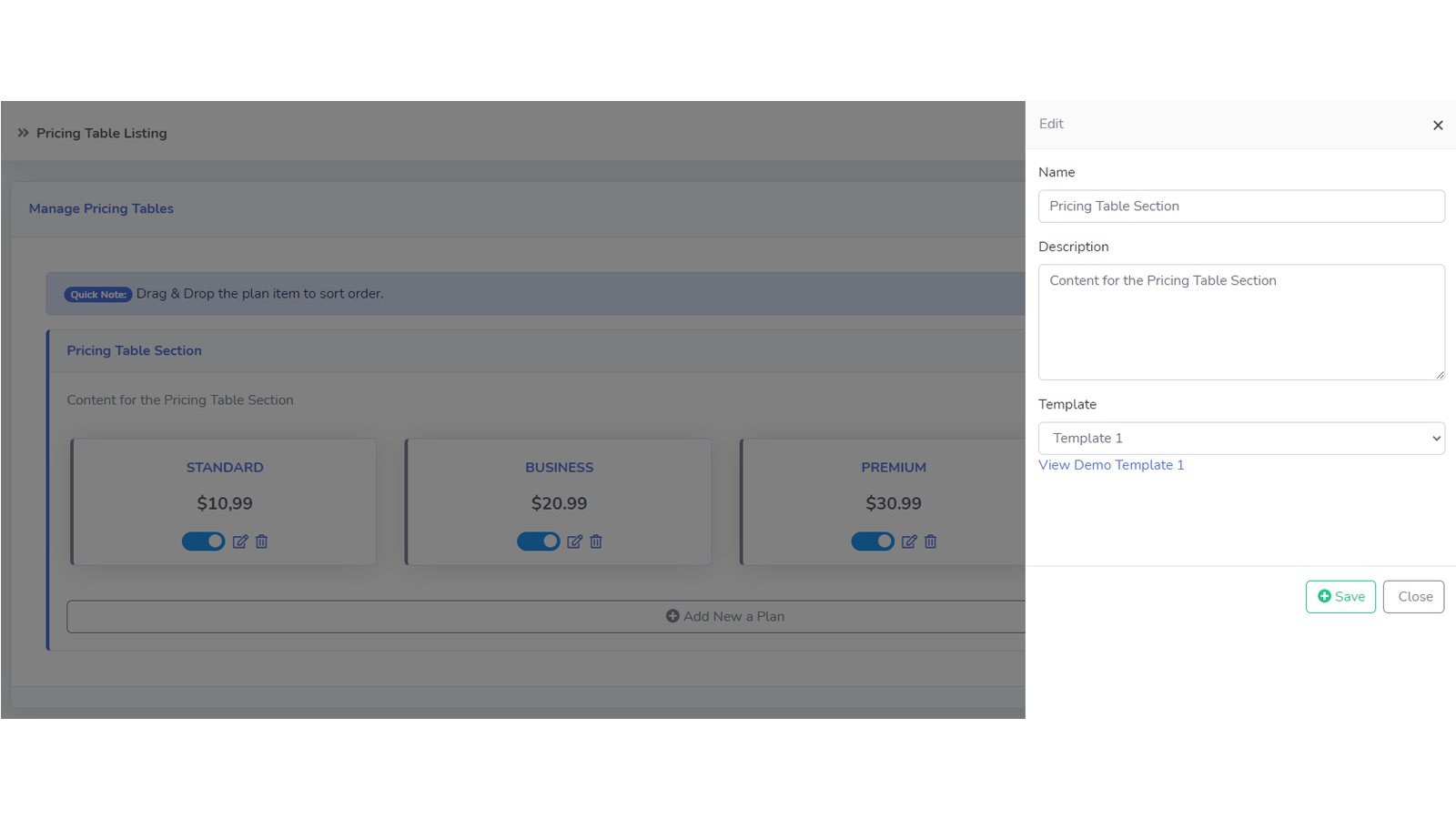 Zify Pricing Table Screenshot