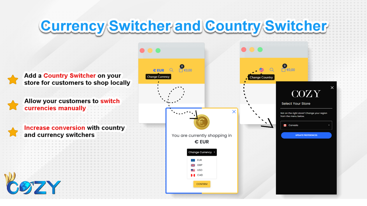 Add currency and country switchers