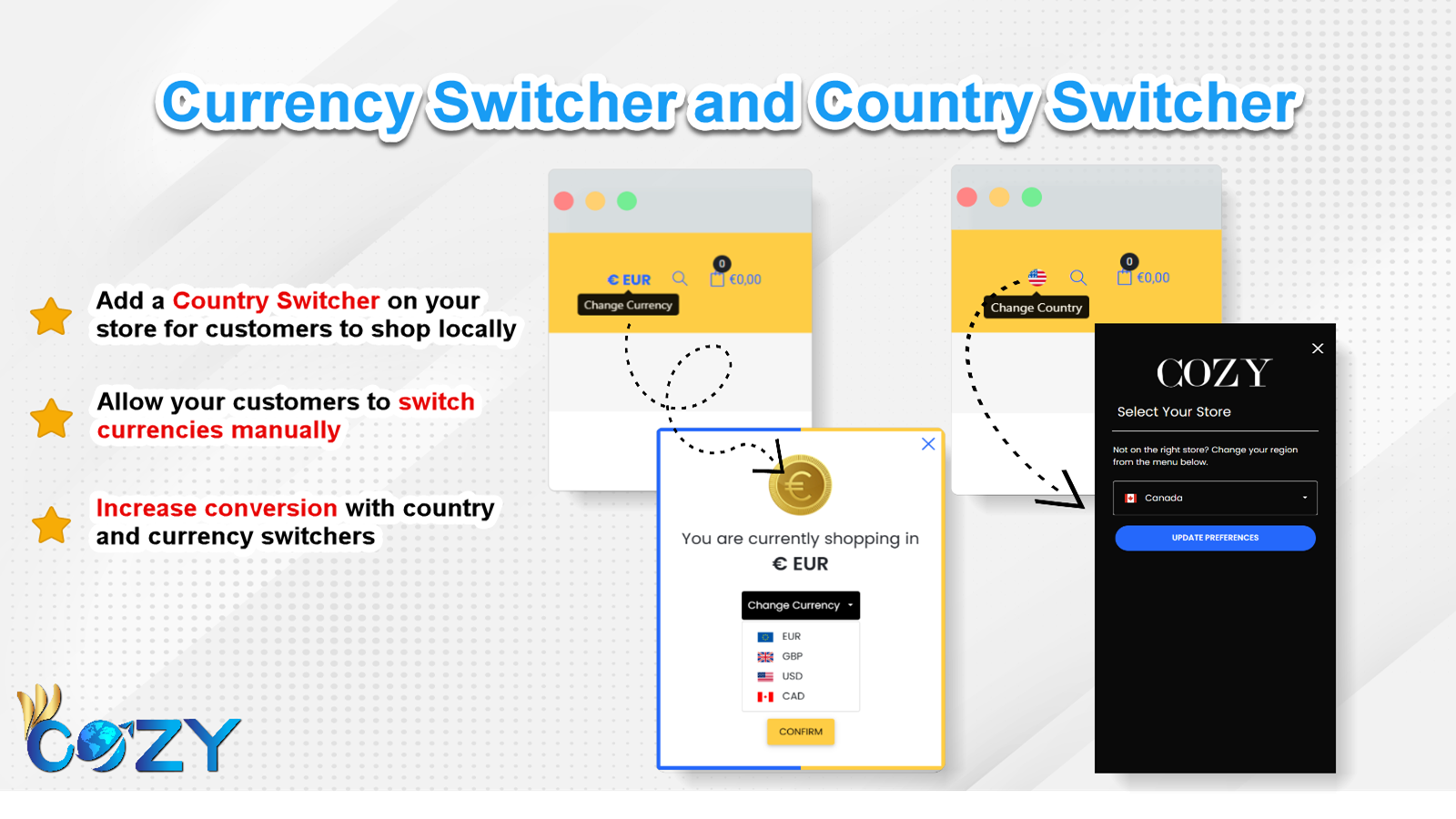 Voeg valuta en land switchers toe