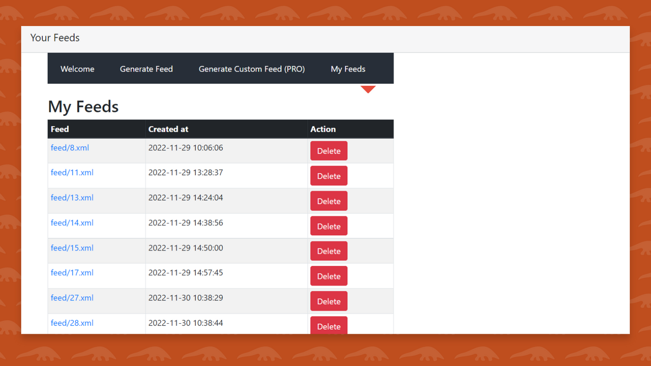 Felderliste des benutzerdefinierten XML-Feed-Generators