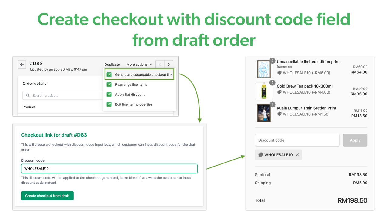 Create checkout with discount code from draft order