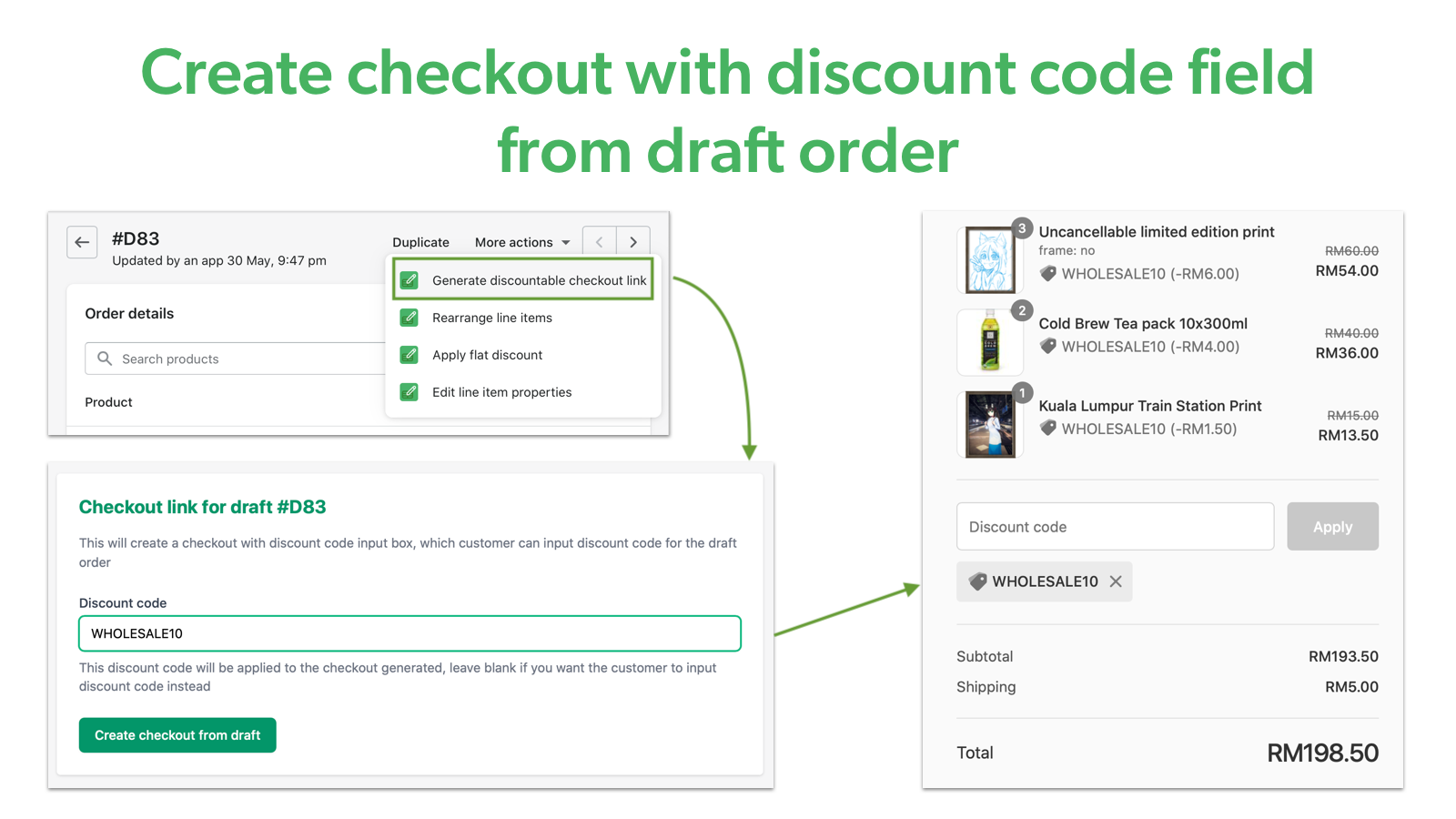Crie checkout com código de desconto a partir do pedido em rascunho