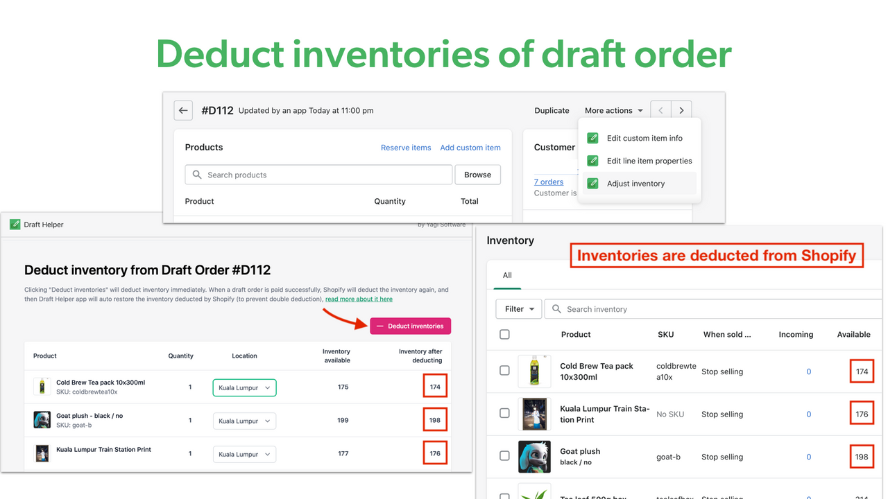 Draftable ‑ Draft Order Helper - Add discount code, edit item properties,  deduct inventory, etc