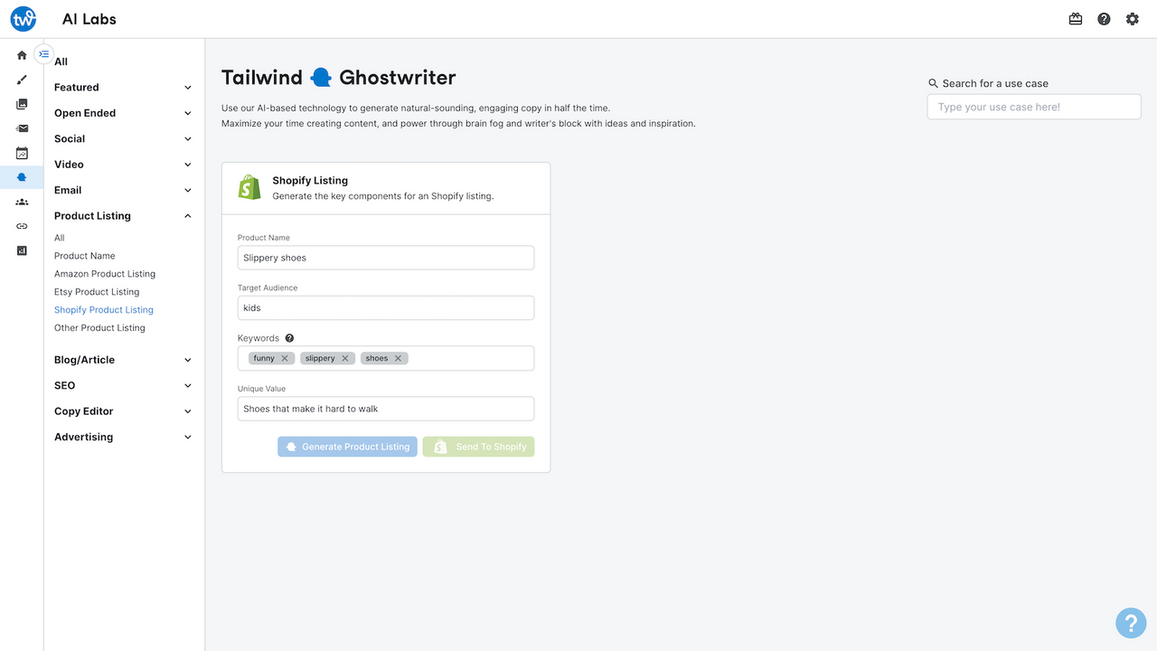 Genereer een Shopify productvermelding met Ghostwriter A.I.