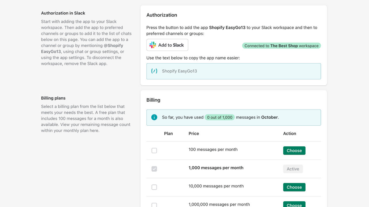 Autorisation de l'application Slack dans l'application Shopify