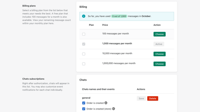 Billing plans selection screen