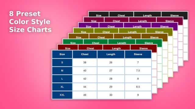 Tableau des tailles Shopify style Classique et Moderne avec 8 Couleurs Prédéfinies