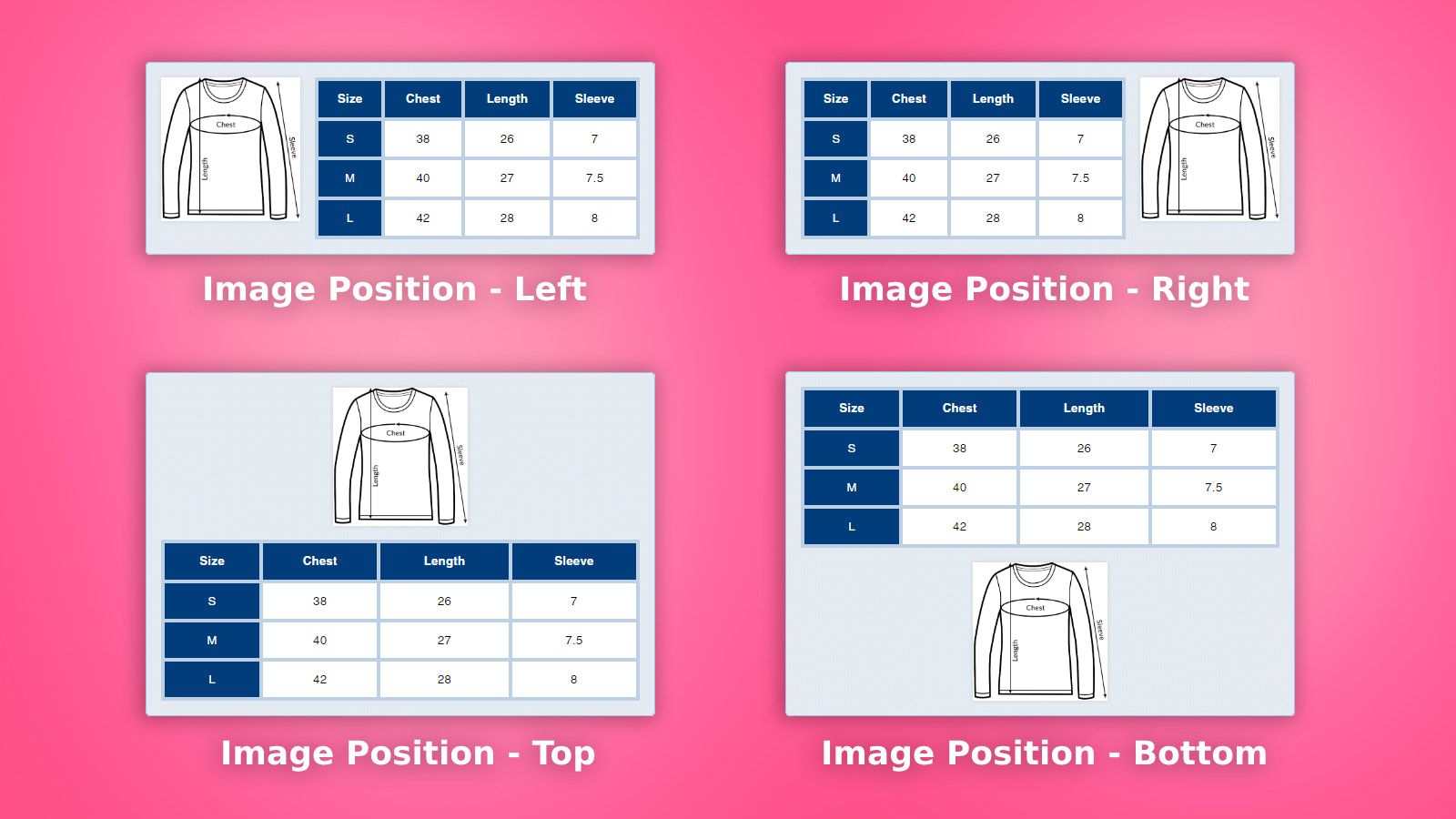 Opções de posição de imagem múltipla da Tabela de Tamanhos do Shopify