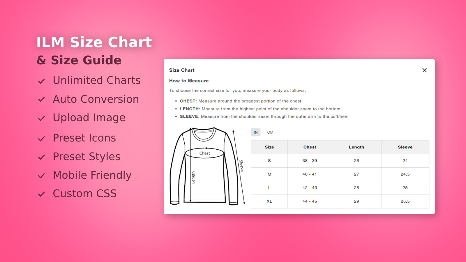 Application Shopify de tableau des tailles et de guide des tailles