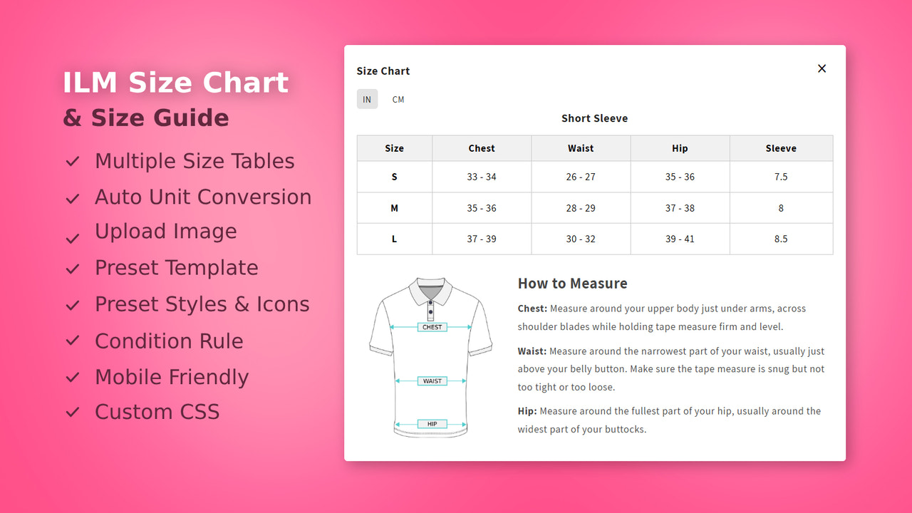 Aplicación de Shopify Tabla de Tallas y Guía de Tallas