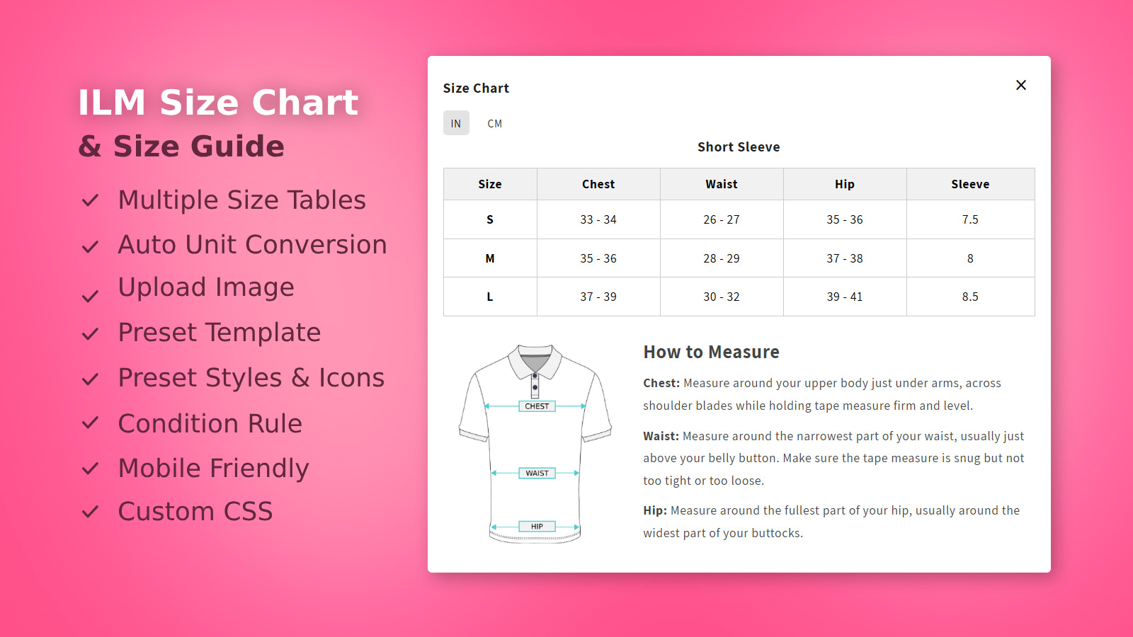 Aplicativo Shopify Tabela de Tamanhos e Guia de Medidas