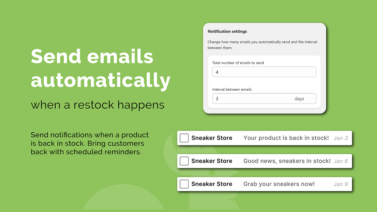 Alerts sent automatically on restock with periodical reminders