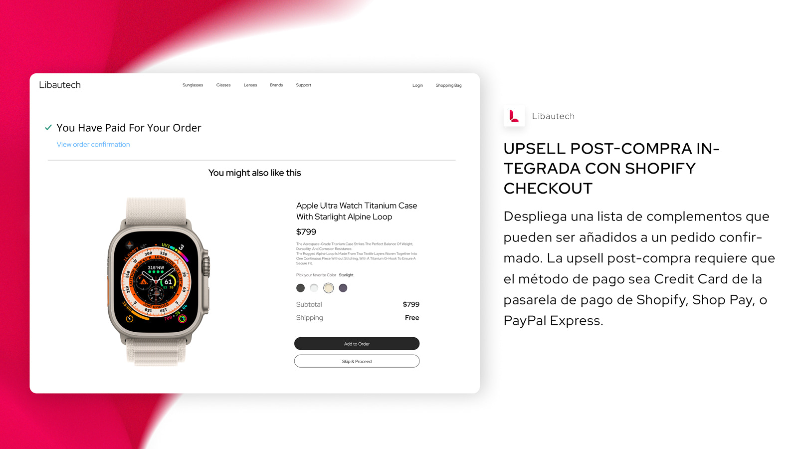 Upsell post-compra integrada con Shopify Checkout