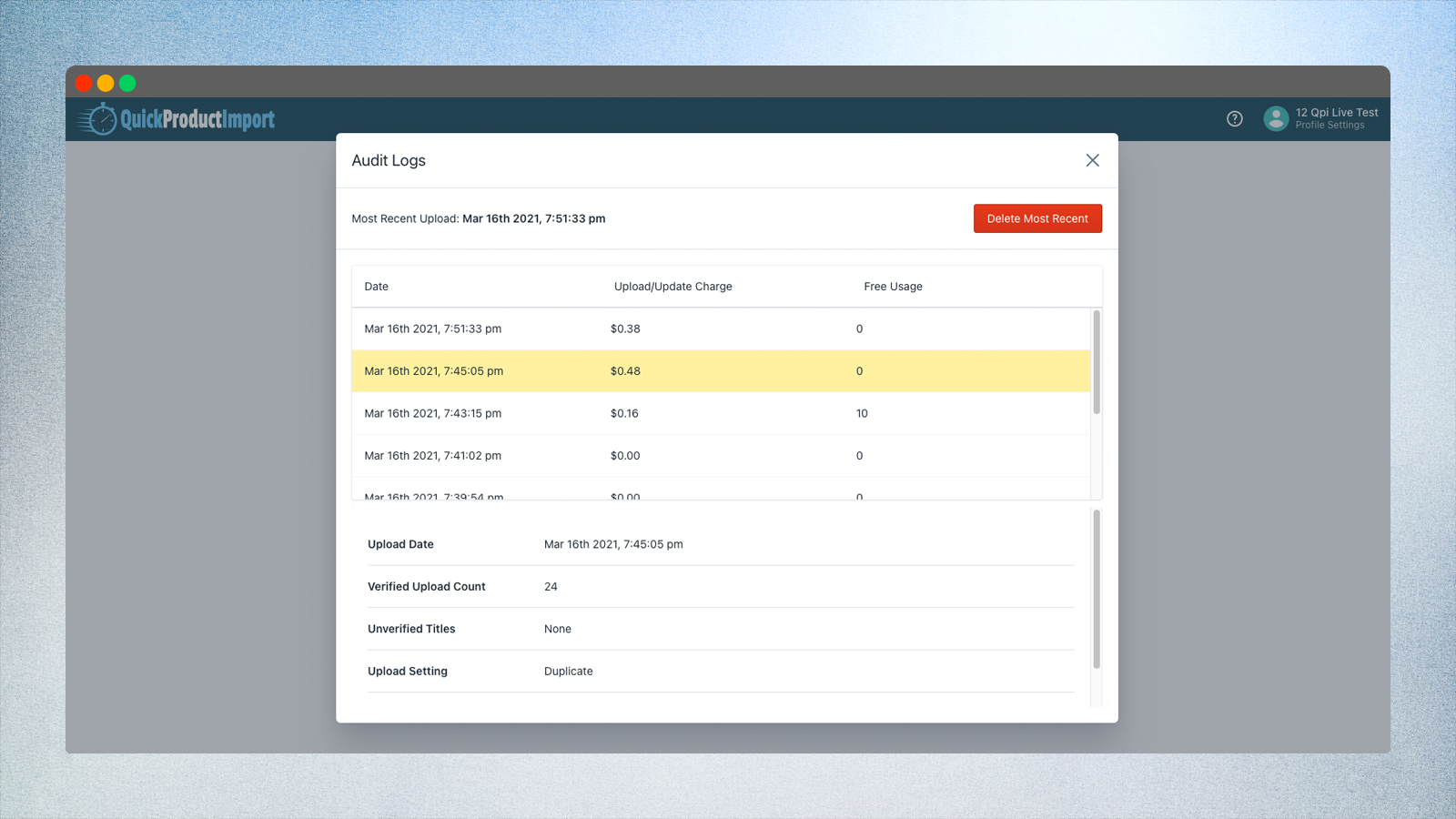 Quick Product Import audit log