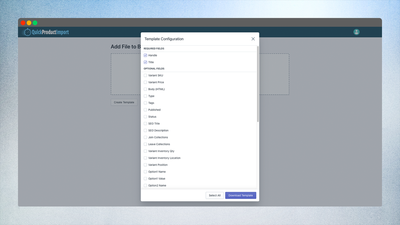 Quick Product Import sjabloonconfiguratie