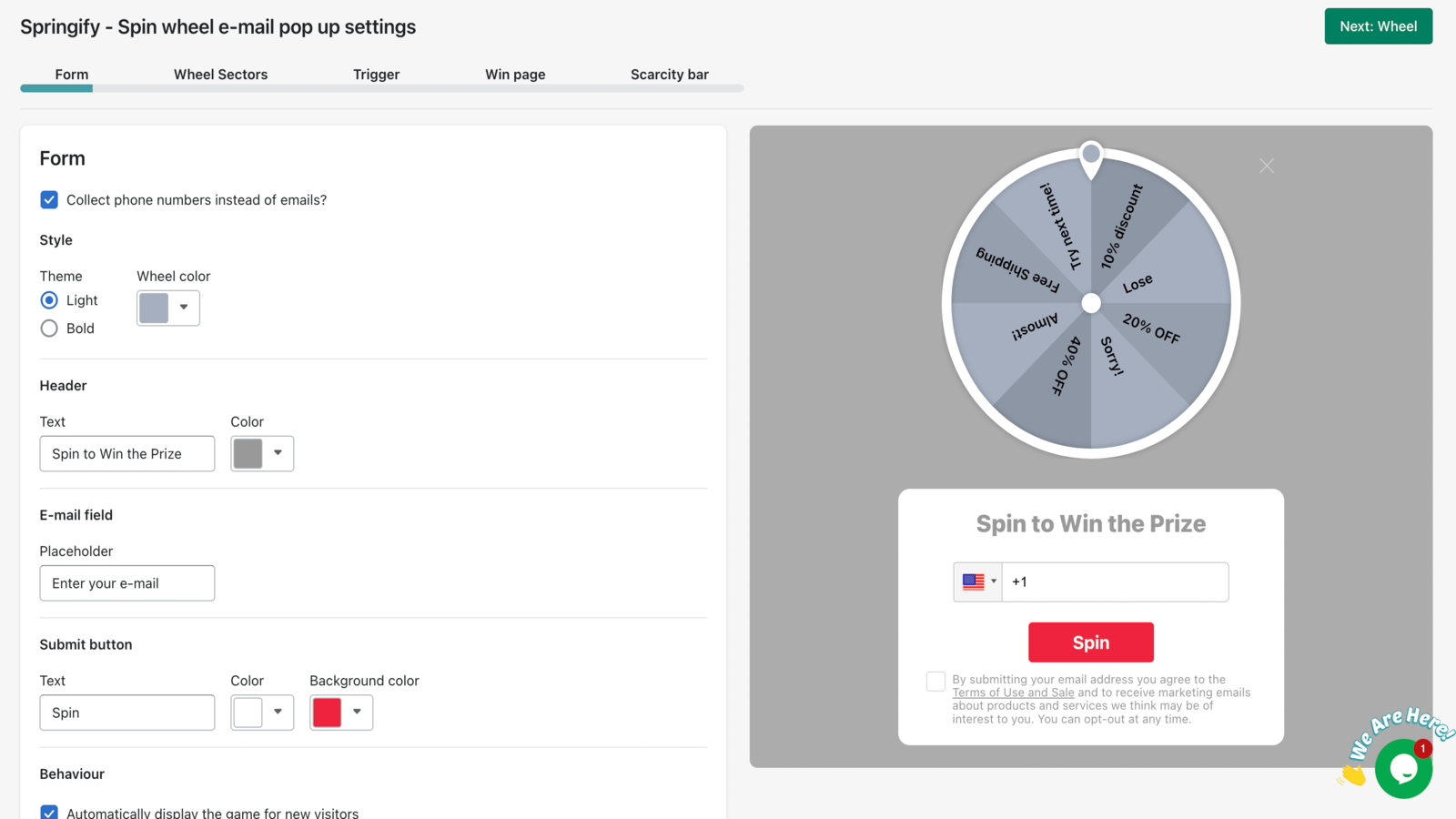 Formulario de configuración de Popup