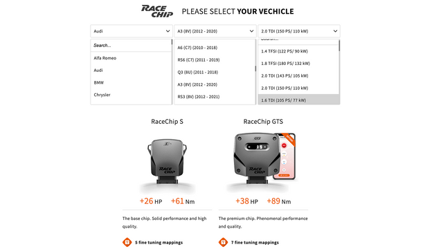 racechip Fahrzeugauswahl