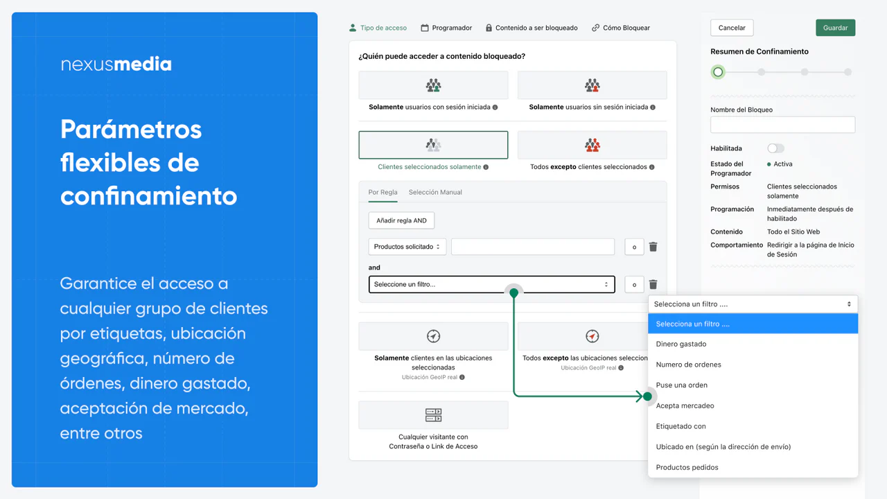 Parámetros de bloqueo flexibles, sesión b2b para visualización