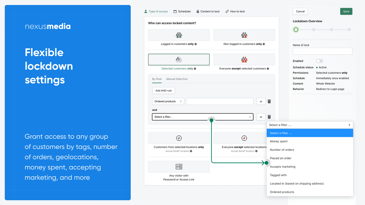 Configurações flexíveis de bloqueios, login b2b para ver