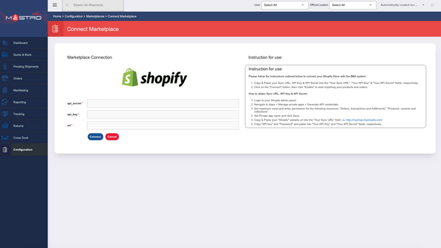 Shopify zu bba mastro Verbindungskonfiguration