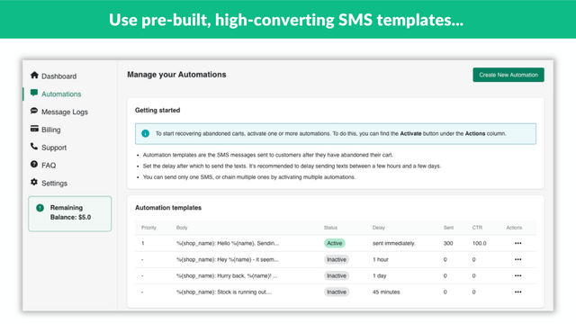 Page des modèles d'automatisation SMS Retrevo