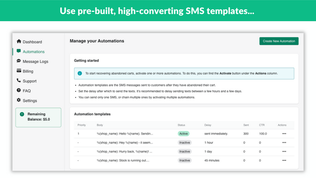 Página de plantillas de automatización SMS de Retrevo